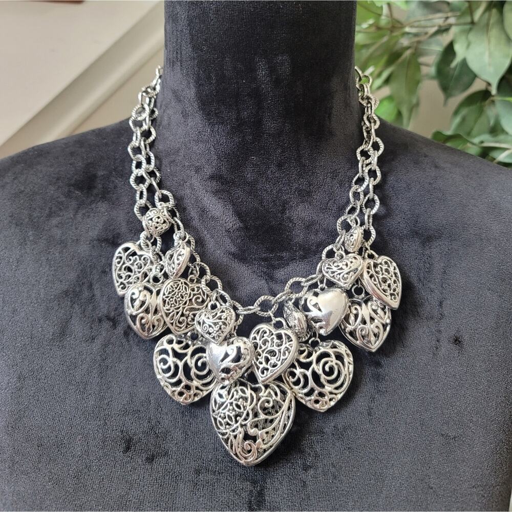 Silver Heart Double Layer Statement Necklace - image 2